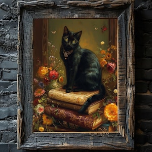 Black Cat Wall Art Poster, Vintage Animal Wall Art, Bookish Floral Cottagecore Wall Decor, Victorian Painting Style Art Gift