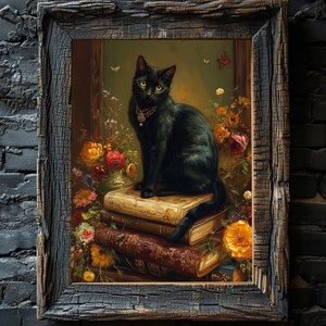 Black Cat Wall Art Poster, Vintage Animal Wall Art, Bookish Floral Cottagecore Wall Decor, Victorian Painting Style Art Gift