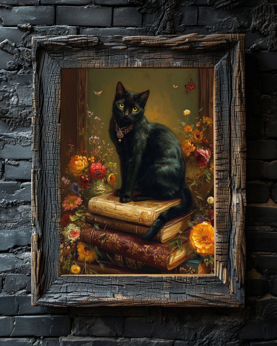BLACK CAT　壁飾り棚 Black Cat Wall Art Poster, Vintage Animal Wall Art, Bookish Floral
