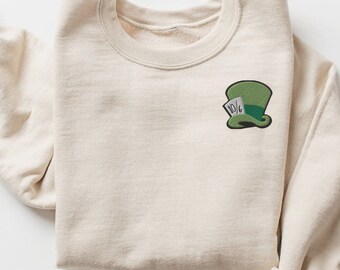 Mad Hatter Hat Minimal Embroidered Unisex Sweatshirt, Theme Park Sweatshirt - Multiple Colors