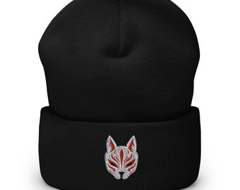 Kitsune Mask Embroidered Warm Cuffed Beanie, Japanese Fox Kitsune Mask Hat