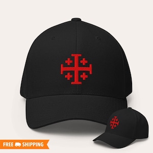 Jerusalem Cross Embroidered Flexfit Structured Hat, Red Jerusalem Cross Hat, Christian Catholic, Crusader Cross, Bible Hat, Religious Hat