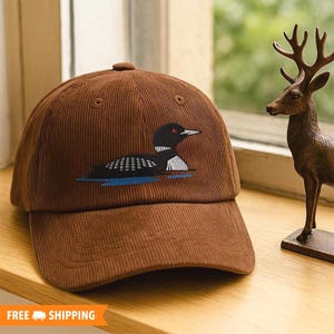 Loon Bird Embroidered Relaxed Fit Adjustable Vintage Corduroy Cap, Wildlife Lake Caps, Loon Bird Hat, Bird Watcher Hat, Loon Cap