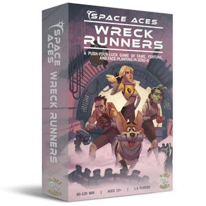 Op de afbeelding: Een rechthoekige bordspeldoos getiteld Space Aces Wreck Runners. De hoes bevat een kleurrijke illustratie van drie personages en een hond in ruimtepakken tegen een paarse achtergrond. De tekst bevat A push-your-luck game of fame, fortune, and face-planting in zero-g, 60-120 min, ages 13+ en 1-6 players.
