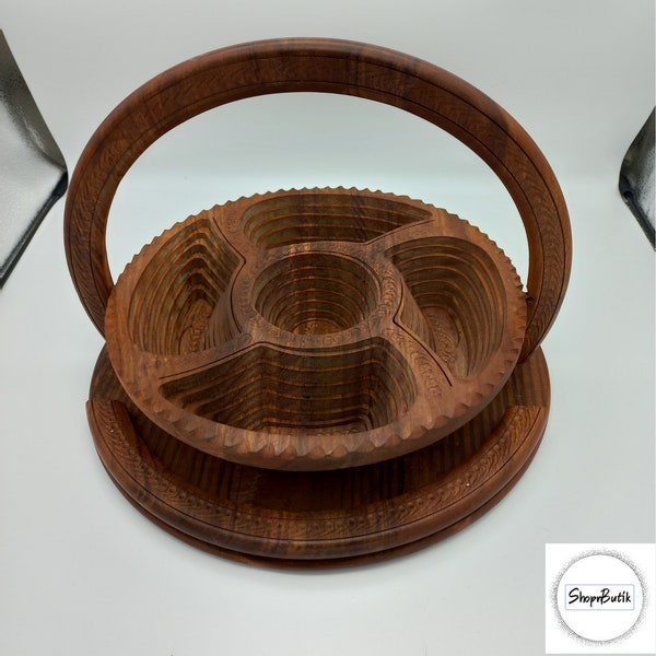 Handcrafted Sheesham Wood Tray with Handle Foldable wood fruit bowl wooden basket Dry fruit tray Round Shape basket