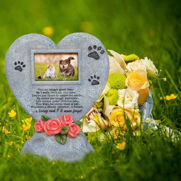 Personalized Pet Memorial Stone - Custom Dog Memorial Stone Engraved, Pet Loss Gifts, Dog Headstone with Glass Photo Frame, Cat Grave Marker