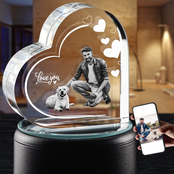 3D Crystal Photo Pet and people, Personalized Pet Memorial Gift, Loss of Dog Cat Sympathy Gift, Custom Glass Laser Etched Engraved Heart.