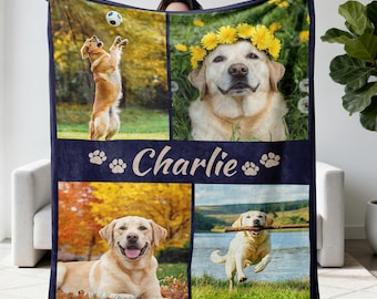 Dog Cat Picture Blanket, Custom Name Photo Blanket Collage, Memorial Pet Loss Keepsake Gift