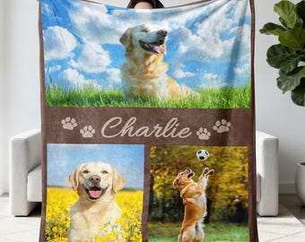 Dog Cat Picture Blanket, Personalized Name Photo Blanket Collage, Memorial Pet Loss Keepsake Gift
