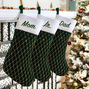 Personalized Green Velvet Christmas Stocking | Gold Lattice Decor