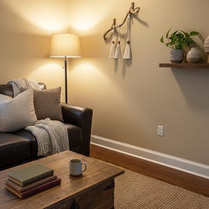 May include: A cozy living room scene with a brown leather sofa, throw pillows, and a knitted blanket. A wooden coffee table holds books and a mug. A floor lamp with a beige shade illuminates the space. Decorative tassels hang on the wall, and a plant sits on a shelf.