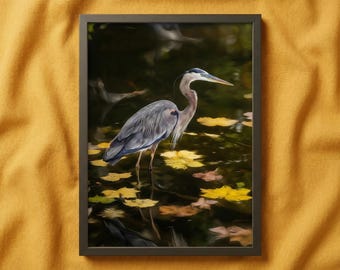 Blue Heron Print: Photorealistic Coastal / Lakeside Wildlife Digital Painting (Digital Download)