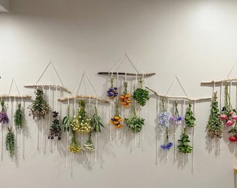 Estantes de secado de hierbas, flores y verduras colgantes, hechos a mano y con soporte de pared, fabricados en madera flotante. Longitud ajustable.