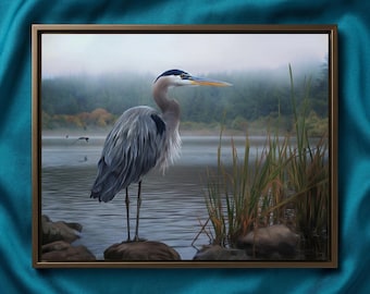 Heron Bird Prints: Morning on the Marsh Wildlife Photorealistic Digital Painting DIY Downloadable and Printable Wall Art
