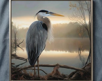 Blue Heron Artwork: Dawn's Grace Wildlife Photorealistic Digital Painting (Digital Download)