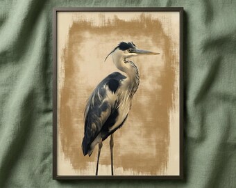 Sepia Solitude Heron Print: Wildlife Digital Painting (Downloadable)