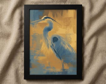 Great Blue Heron Art: Textured Tide Wildlife Digital Painting DIY Downloadable and Printable Wall Art Prints