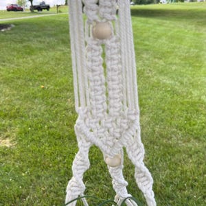 May include: A cream-colored macrame plant hanger featuring intricate knotted patterns and two smooth, round, light-colored wooden beads integrated into the design. The hanger supports a dark-colored pot containing a green plant with long, thin leaves.