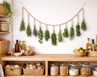 Guirnalda colgante estilo bohemio para secar hierbas y flores con cuentas y pinzas de madera: un regalo ideal para la mamá jardinera.