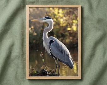 Great Blue Heron Artwork: The Silent Shoreline Wildlife Photorealistic Digital Painting DIY Downloadable and Printable Wall Art Prints