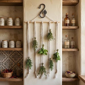 Boho Macrame Herb Drying Rack with Natural Wood Beads for Small Spaces