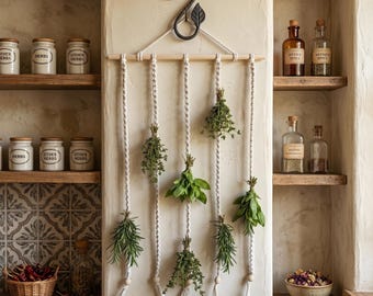 Boho Macrame Herb Drying Rack with Natural Wood Beads for Small Spaces