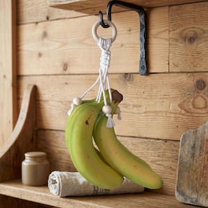 May include: A macrame banana hanger featuring white cotton cord, a light-colored wooden ring, and smooth wooden beads. The hanger is suspended from a black metal hook and holds a bunch of green bananas, showcasing a functional kitchen storage design.