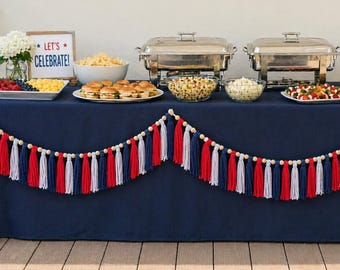 Americana Wood Bead & Tassel Garland – Red, White, and Blue Decor