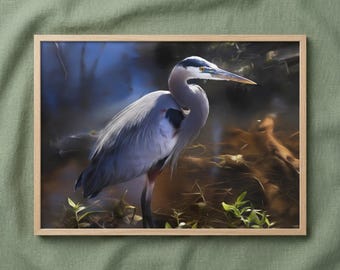 Heron Painting: The Silent Sentinel Wildlife Photorealistic Digital Artwork