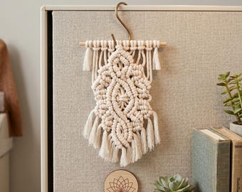 Mini Diamond Macrame Wall Hanging, Textured Cotton Fiber Art, Boho Small Space Decor