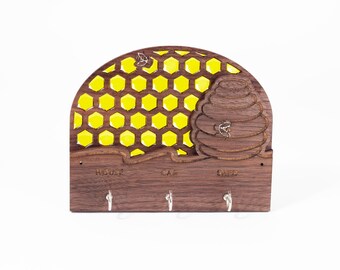 Beehive and honeycomb - Custom Laser Engraved Key Hanger with Resin