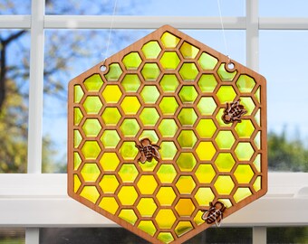 Handcrafted Resin and Wood Honeycomb Art Panel - Gift for the Bee Lover