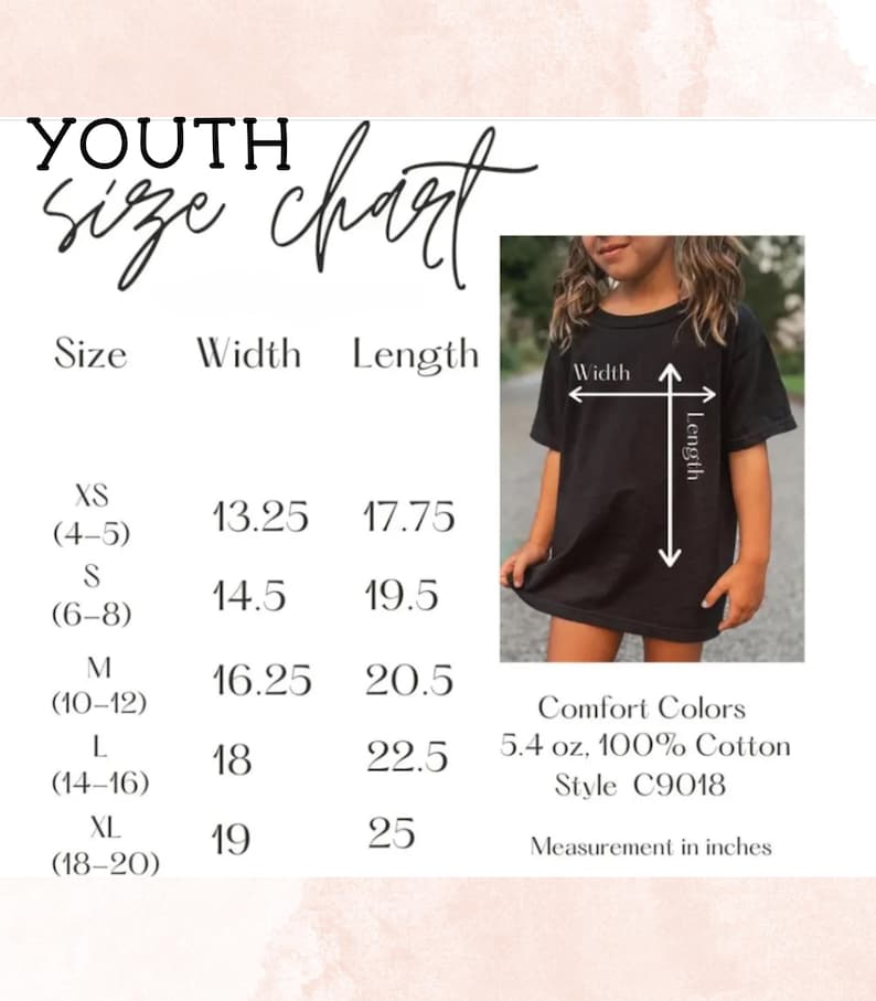 May include: A youth size chart with measurements in inches. The chart includes sizes XS to XL, with corresponding width and length measurements. A black t-shirt is shown with arrows indicating width and length. The shirt is made of 100% cotton.