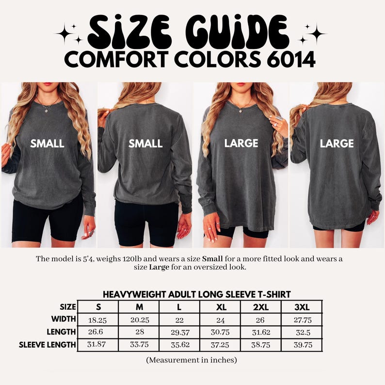 K&ouml;nnte beinhalten: Gr&ouml;&szlig;entabelle f&uuml;r ein schweres Langarmshirt. Die Tabelle zeigt die Ma&szlig;e in Zoll f&uuml;r Breite, L&auml;nge und &Auml;rmell&auml;nge f&uuml;r die Gr&ouml;&szlig;en S, M, L, XL, 2XL und 3XL.