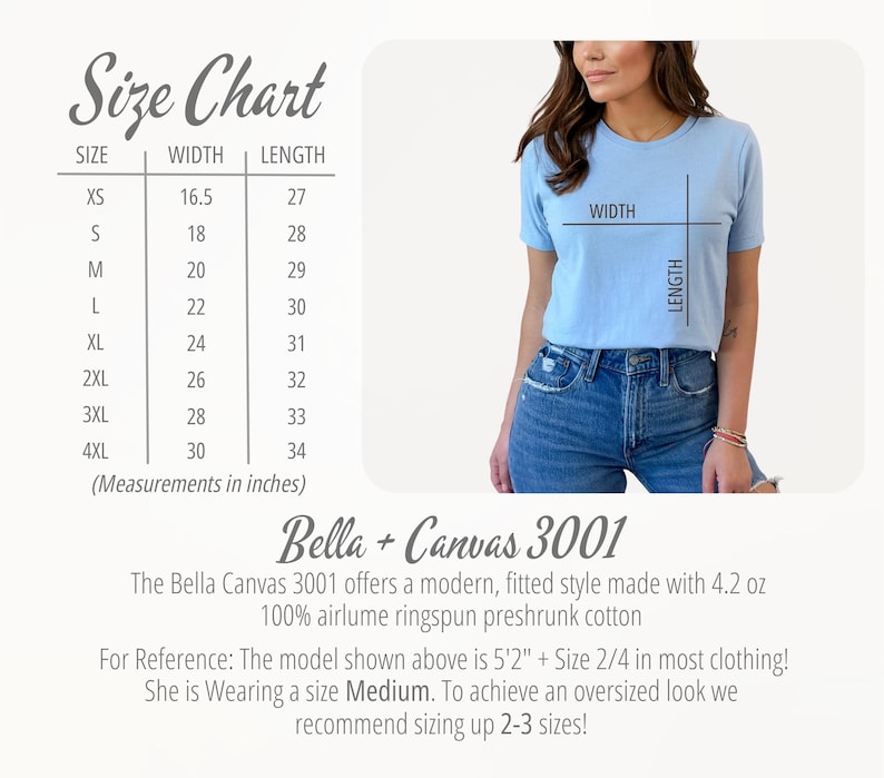 May include: A size chart for a Bella + Canvas 3001 t-shirt, displaying width and length measurements in inches for sizes XS through 4XL. The chart includes a light blue t-shirt graphic with width and length labels and product details.