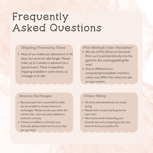 Pu&ograve; includere: Una grafica con il testo "Frequently Asked Questions" e quattro sezioni: Tempi di spedizione/elaborazione, Dichiarazione di non responsabilit&agrave; sul metodo di stampa/colore, Resi/Scambi e Taglie unisex. Ogni sezione fornisce dettagli sul prodotto.