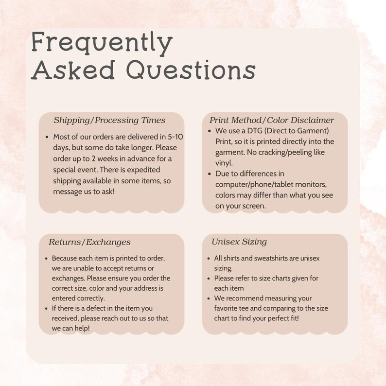 Pu&ograve; includere: Una grafica con il testo "Frequently Asked Questions" e quattro sezioni: Tempi di spedizione/elaborazione, Dichiarazione di non responsabilit&agrave; sul metodo di stampa/colore, Resi/Scambi e Taglie unisex. Ogni sezione fornisce dettagli sul prodotto.