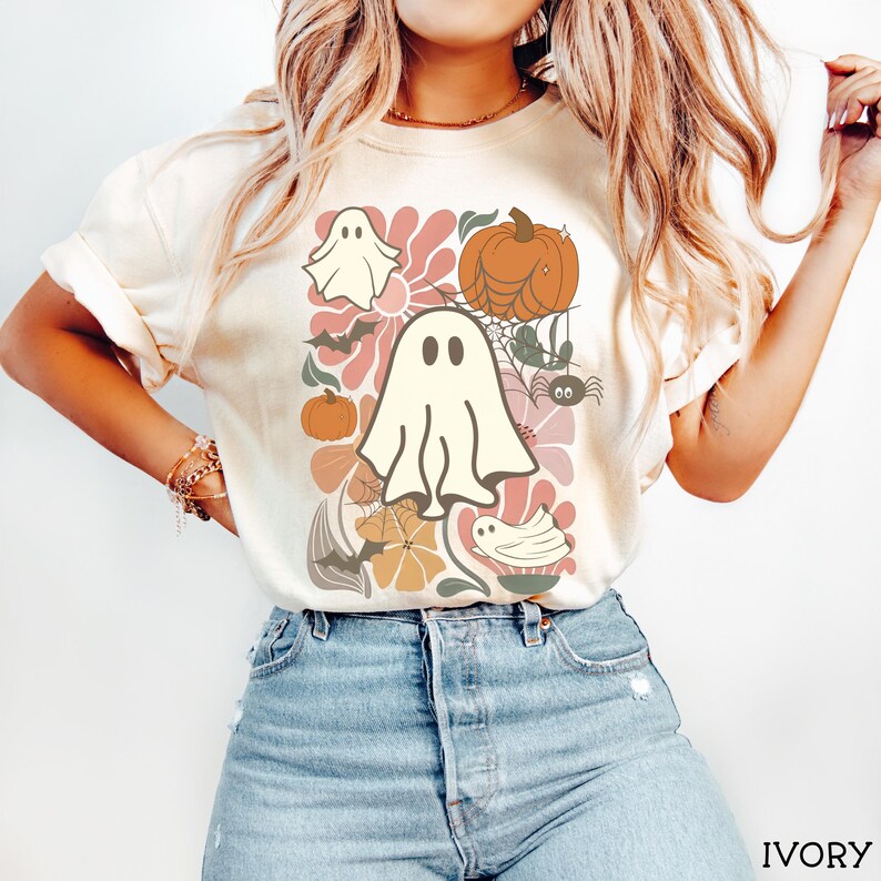 Boho Halloween Comfort Colors® Shirt, Boho Ghost Shirt, Floral Ghost Comfort Colors® Shirt, Cute Retro Halloween Shirt, Retro Ghost Shirt Ivory