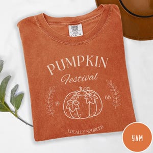 May include: A rust-colored short-sleeve t-shirt featuring the white text PUMPKIN Festival, the numbers 19 and 68, and a line-art pumpkin illustration with leaves. The shirt includes a Comfort Colors brand label on the inner collar.
