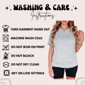 May include: A light gray t-shirt and black shorts with a washing and care instructions graphic. The text reads: WASHING & CARE INSTRUCTIONS, TURN GARMENT INSIDE OUT, MACHINE WASH COLD, DO NOT IRON ON PRINT, DO NOT BLEACH, DO NOT DRY CLEAN, DRY ON LOW SETTINGS.
