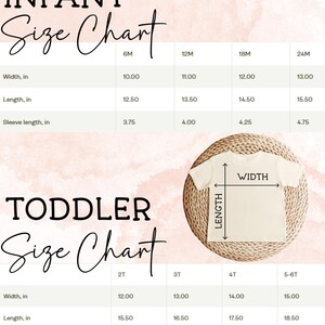 May include: Infant and toddler size chart with measurements in inches for width, length, and sleeve length. The chart includes sizes from 6 months to 5-6T, with a beige t-shirt in the center for reference.