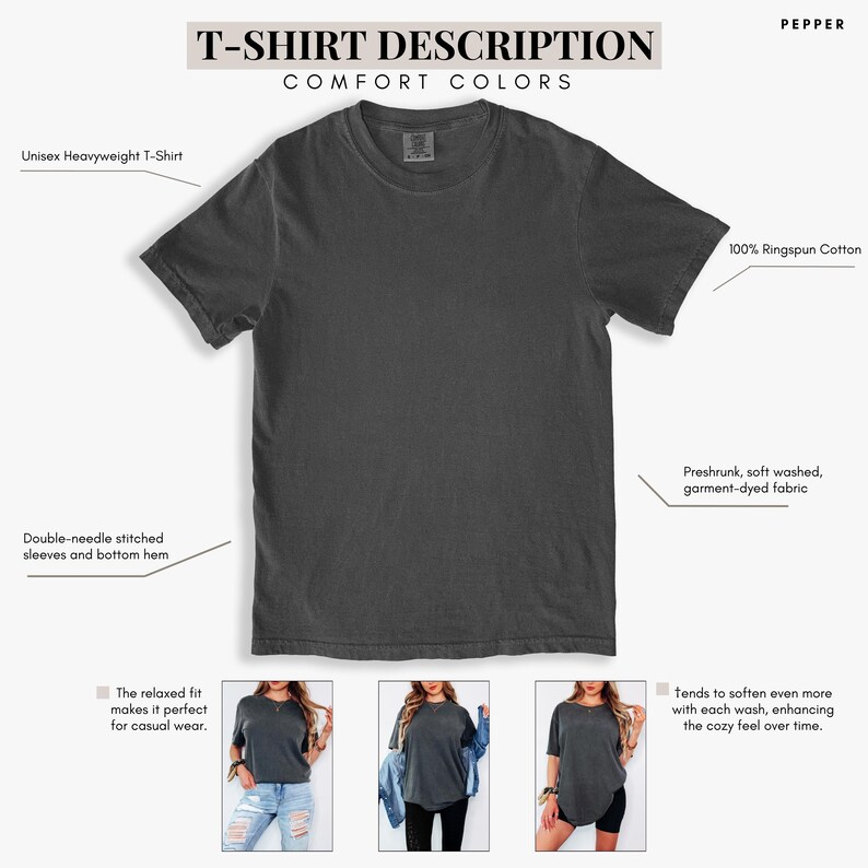 Pu&ograve; includere: Una t-shirt unisex grigio scuro, pesante. La maglietta &egrave; realizzata in 100% cotone ringspun e presenta maniche e orlo inferiore con doppia cucitura. Il capo &egrave; prelavato, lavato morbido e tinto in capo. Il testo "T-SHIRT DESCRIPTION COMFORT COLORS" &egrave; in alto.