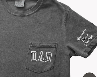 Custom Dad Pocket Shirt with Kids Names on Sleeve, Personalized Fathers Day Gift Tee from Kids