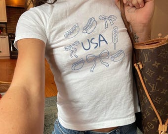 Camiseta de bebé con perrito caliente estadounidense del 4 de julio, camiseta de bebé con perrito caliente estadounidense de los años 90, camiseta de perrito caliente estadounidense de los años 90, camiseta de ropa estadounidense Y2K, camiseta estadounidense Y2K del 4 de julio