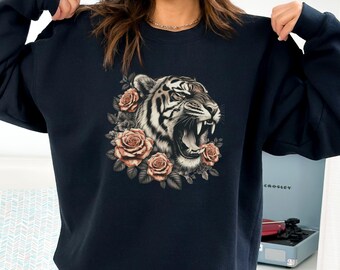 Tiger Sweatshirt, Floral Wild Animals Sweatshirt, Tiger Sweater, Floral Tiger Crewneck, Tiger Graphic Sweatshirt, Women Boho Sweatshirt Gift