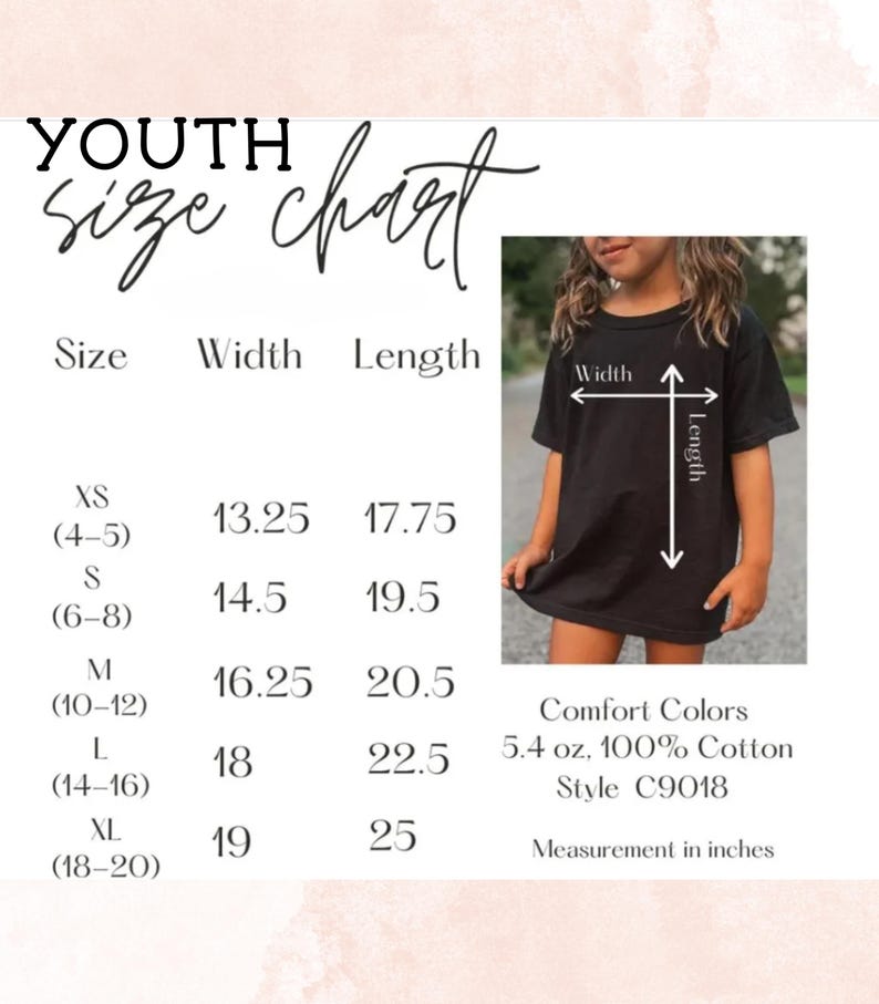 K&ouml;nnte beinhalten: Gr&ouml;&szlig;entabelle f&uuml;r T-Shirts f&uuml;r Kinder mit Ma&szlig;en in Zoll f&uuml;r die Gr&ouml;&szlig;en XS (4-5) bis XL (18-20). Die Tabelle zeigt die Breiten- und L&auml;ngenma&szlig;e f&uuml;r jede Gr&ouml;&szlig;e. Comfort Colors 5.4 oz. 100% Baumwolle Style C9018.