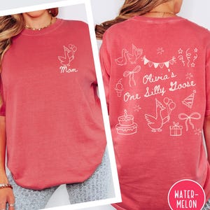 Op de afbeelding: Een koraalkleurig T-shirt met witte grafische ontwerpen. De voorkant heeft een gans met ballonnen en het woord "Mom". De achterkant toont "Olivia's One Silly Goose" met illustraties met een feestthema. Het shirt heeft een ronde halslijn.
