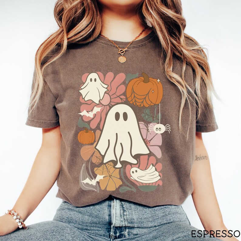 Boho Halloween Comfort Colors® Shirt, Boho Ghost Shirt, Floral Ghost Comfort Colors® Shirt, Cute Retro Halloween Shirt, Retro Ghost Shirt Espresso