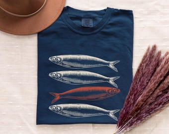 Fisherman Aesthetic Graphic Tee, Fishing Comfort Colors® Shirt, Sardines Shirt, Vintage Fish Shirt, Retro Fisherman Shirt, Sardine Lover Tee