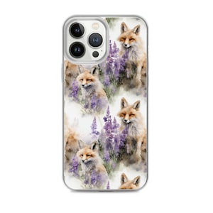 May include: A clear phone case featuring a watercolour pattern of foxes and purple flowers. The case is designed for an iPhone 14 Pro Max.